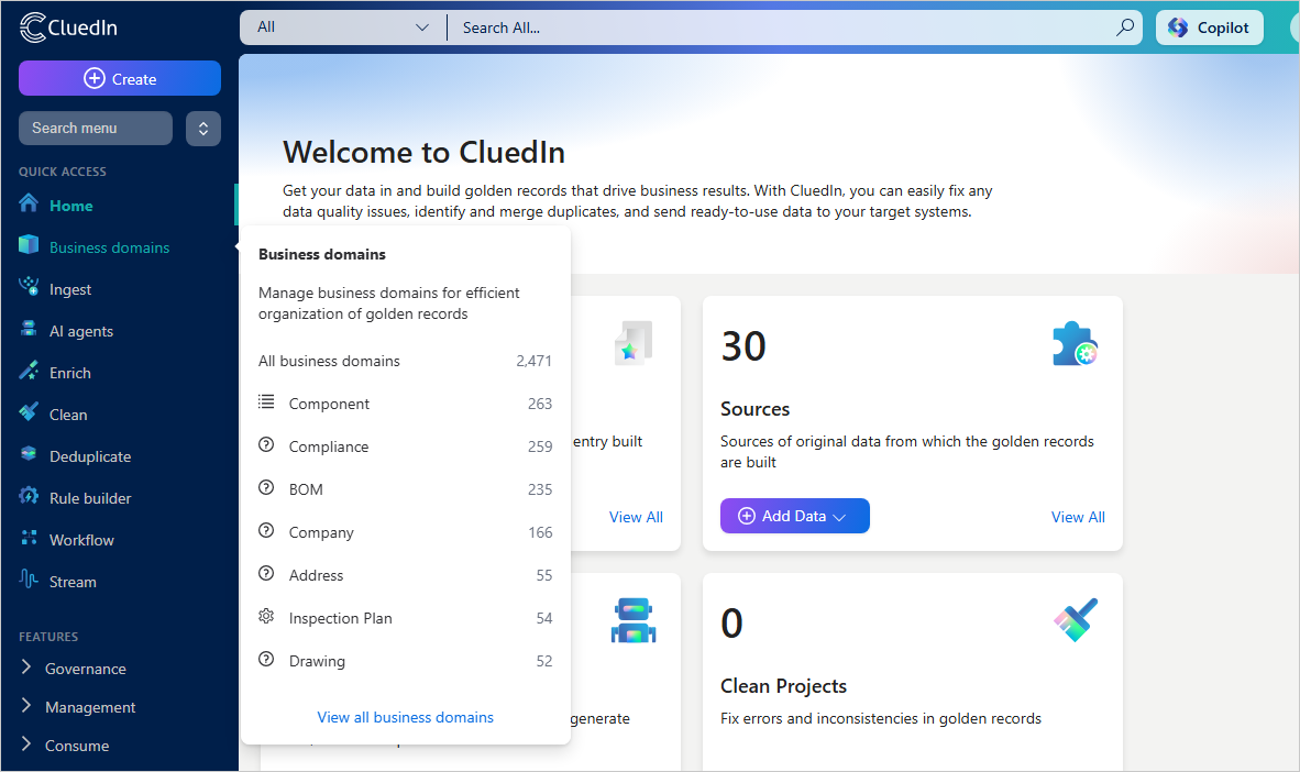Hovering over Business domains in the new side menu shows a pop-up with a module description and record counts per business domain