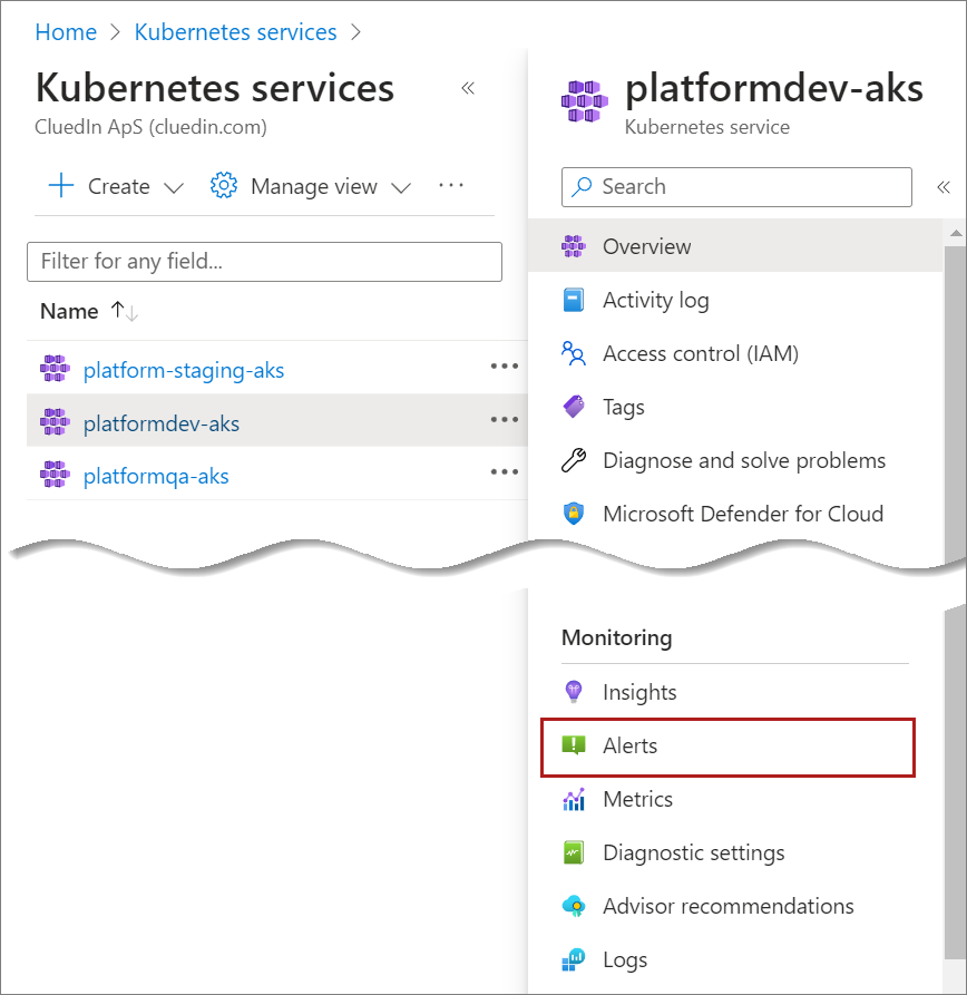 Azure portal AKS cluster menu with Alerts highlighted under Monitoring