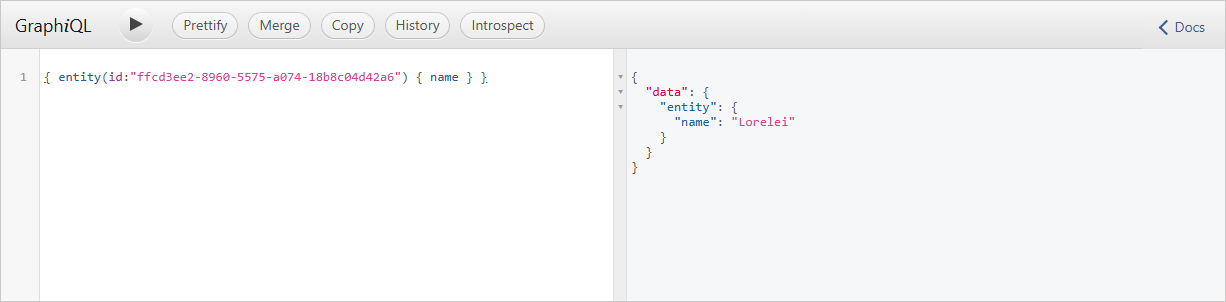 GraphiQL with an entity query by ID requesting name, and the result returning the name Lorelei