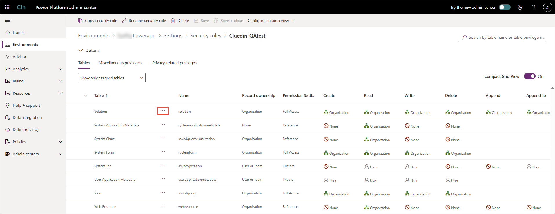 Security role Tables tab with the three-dot button next to the Solution table highlighted
