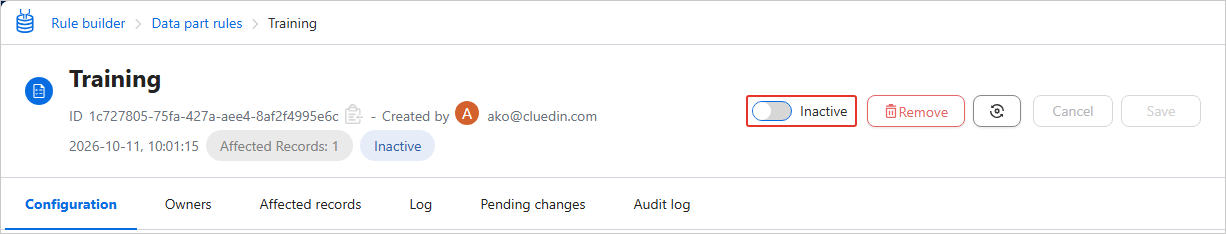 Rule details page header with the status toggle turned off and showing Inactive, highlighted