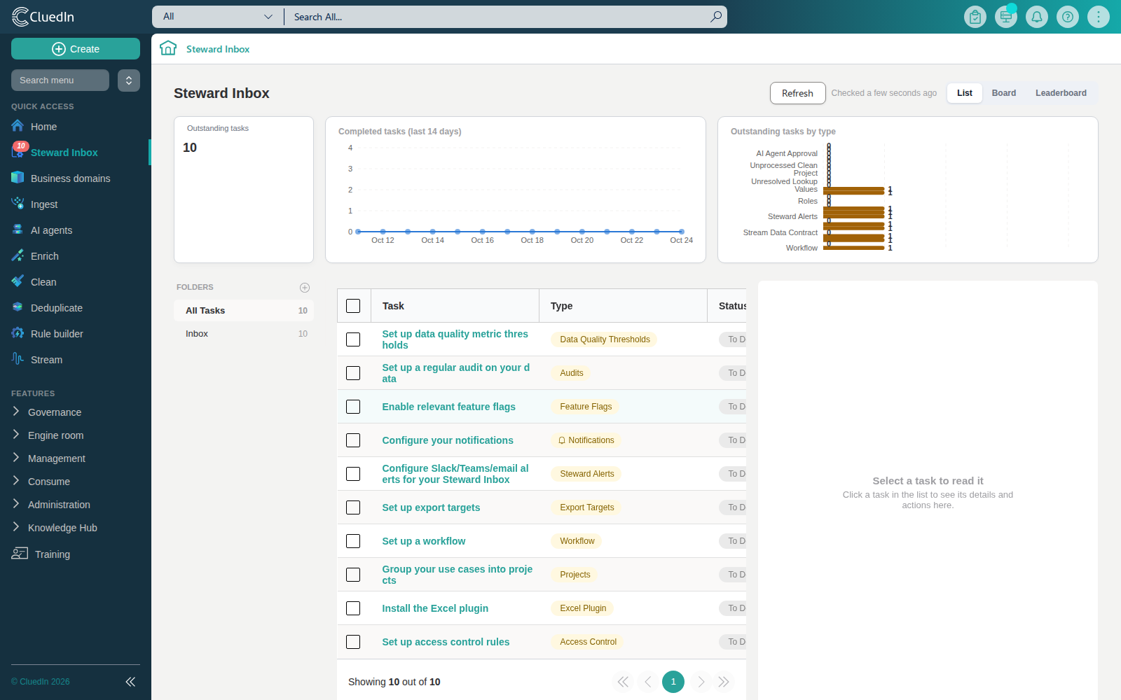 The Steward Inbox list view, showing the setup checklist items alongside their task type and status