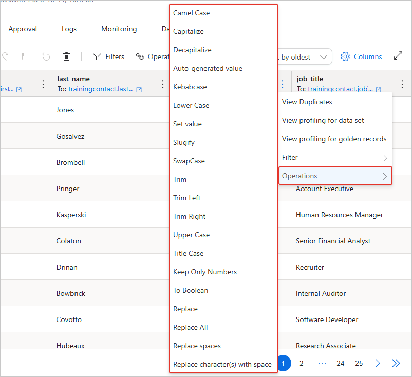 Column three-dot menu with Operations expanded, listing operations from Camel Case through Replace character(s) with space