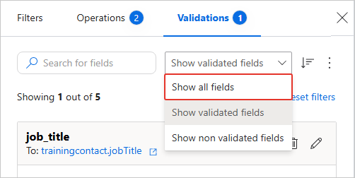The field filter dropdown on the Validations pane with Show all fields highlighted