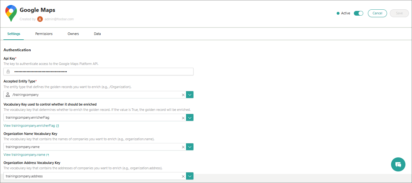 Google Maps enricher Settings tab with Api Key, Accepted Entity Type, enrichment control key, Organization Name and Organization Address vocabulary keys filled in