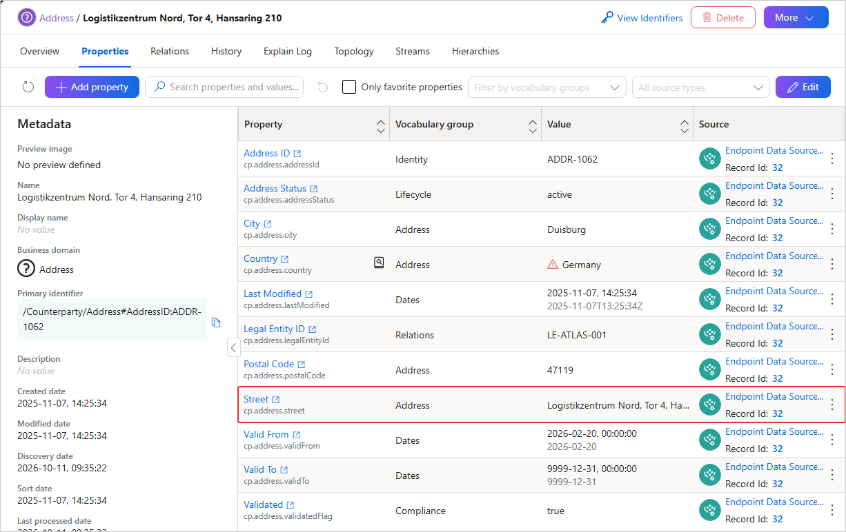 Golden record Properties tab with the Street property highlighted, holding the full street address in a single value