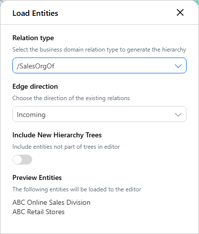 Load Entities pane with Relation type /SalesOrgOf and Edge direction Incoming, previewing ABC Online Sales Division and ABC Retail Stores