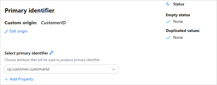 The Primary identifier section of the mapping with custom origin CustomerID, an Edit origin link and cp.customer.customerId selected