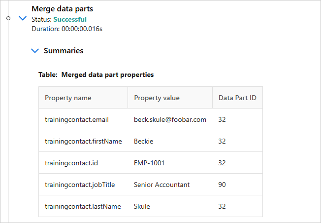 The Merge data parts operation Summaries table listing each property name, its value and the data part ID it came from