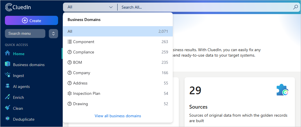 Business domain dropdown in the search box listing All and individual business domains with record counts, and View all business domains