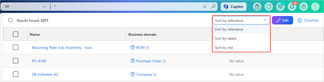 Sorting dropdown expanded on the search results page with Sort by relevance, Sort by latest, and Sort by old