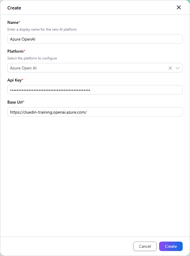 The Create pane for an AI platform, with Name, Platform set to Azure Open AI, Api Key and Base Url filled in