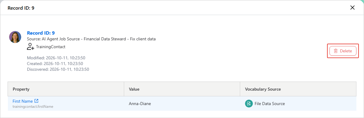 Node pane for the AI agent's record with the Delete button highlighted in the upper-right corner