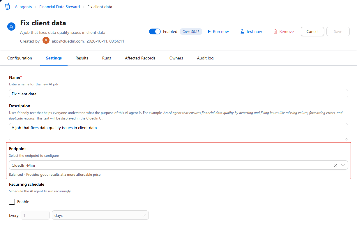 The Settings tab of an AI agent job with the Endpoint list highlighted