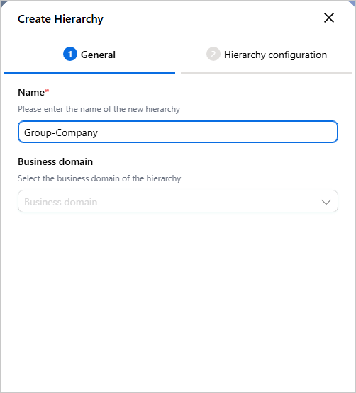 General tab of the Create Hierarchy pane with the name Group-Company entered and the Business domain field empty