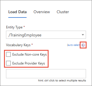 The gear icon next to Vocabulary Keys selected, showing the cleared Exclude Non-core Keys and Exclude Provider Keys checkboxes