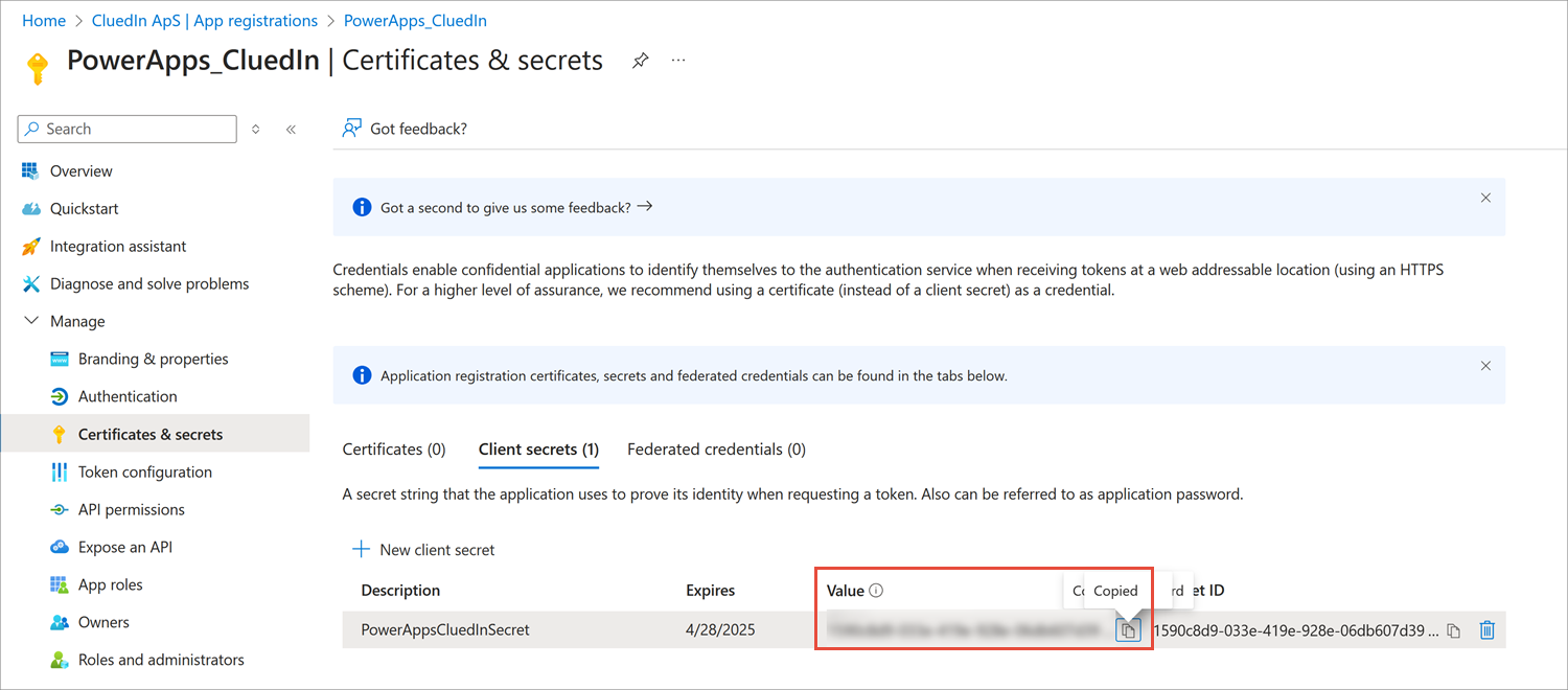 Client secrets tab showing the new PowerAppsCluedInSecret with its Value highlighted and copied