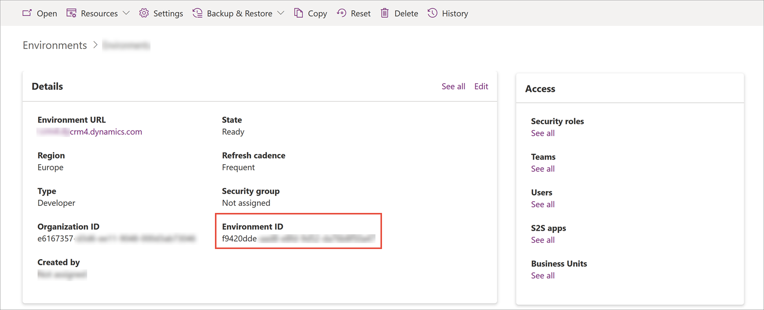 Power Platform environment Details section with the Environment ID highlighted
