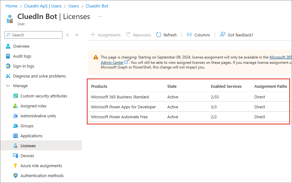 Licenses page of the user with Microsoft 365 Business Standard, Power Apps for Developer, and Power Automate Free assigned and highlighted