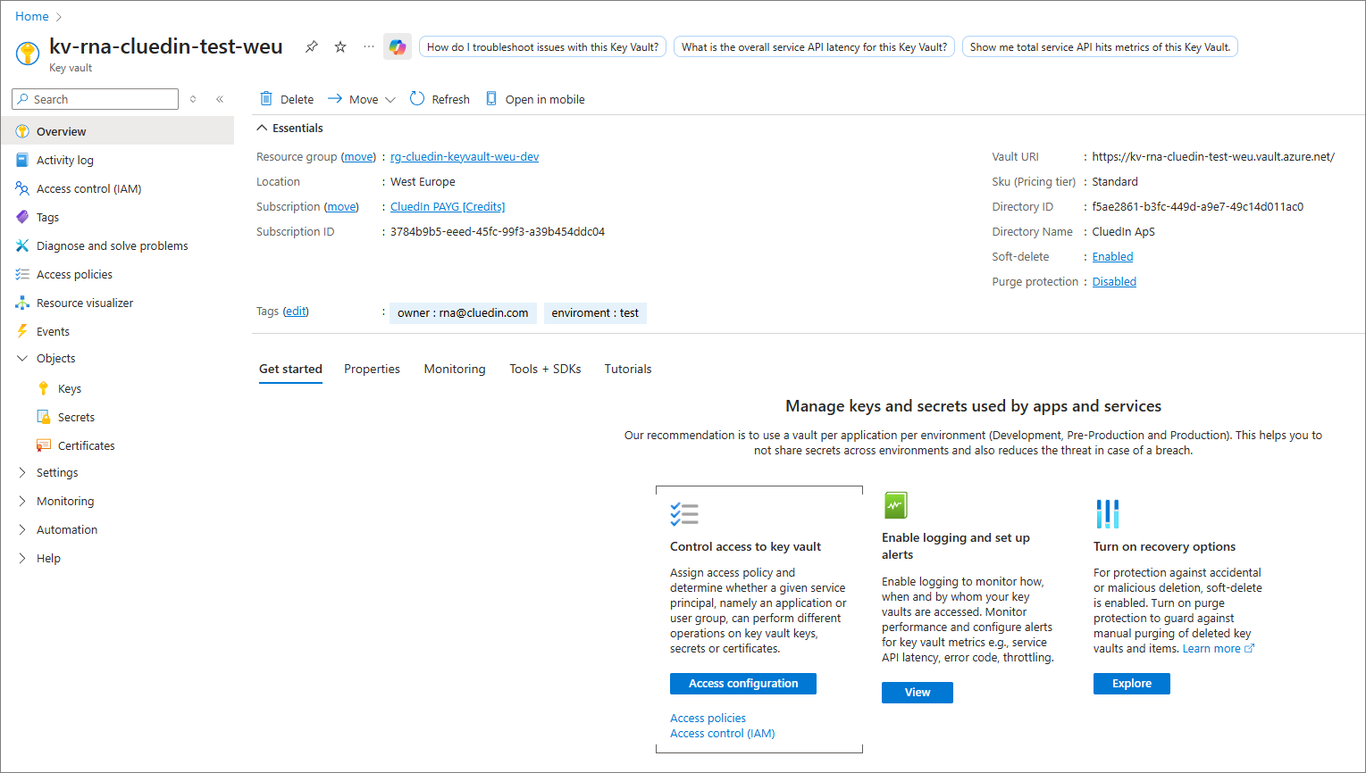 Overview page of the kv-rna-cluedin-test-weu Azure Key Vault in the Azure portal