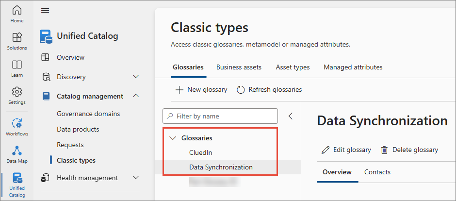 The Classic types page in Purview with two glossaries, CluedIn and Data Synchronization, highlighted
