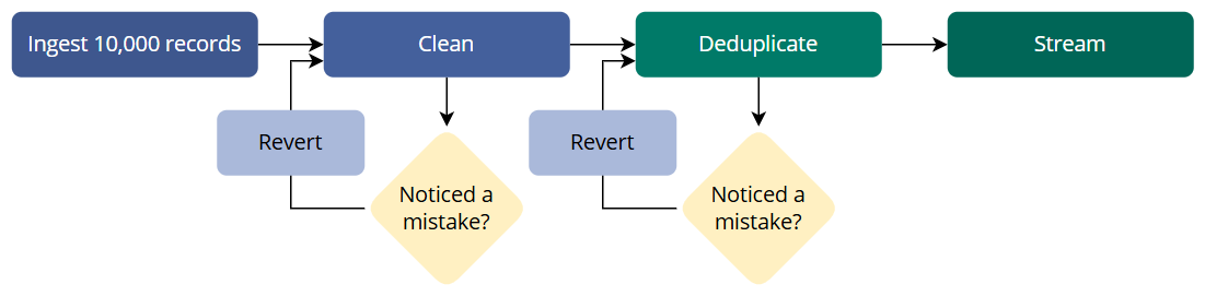 Flow: Ingest 10,000 records, Clean, Deduplicate, Stream; after Clean and after Deduplicate, a Noticed a mistake? check loops back through Revert to repeat the step