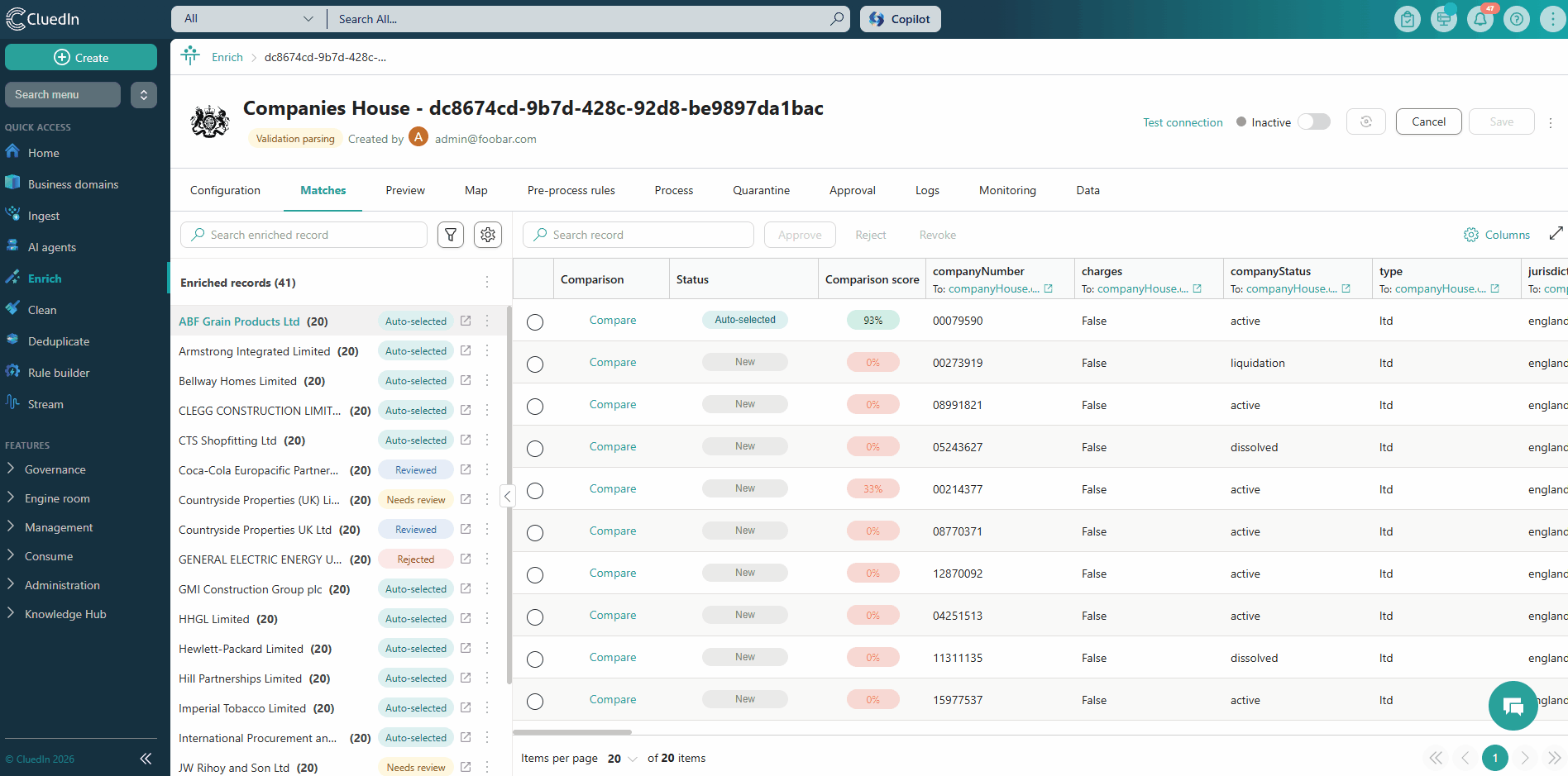 Animation: filtering the Enriched records list by status, such as Needs review or Auto-selected, and then selecting Reset to show all records