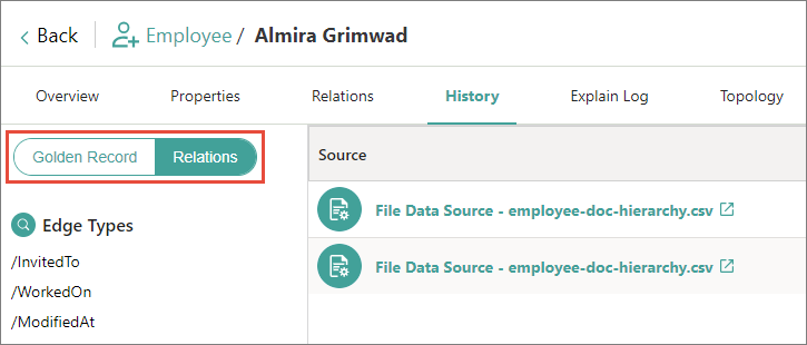 The golden record History tab with the Relations toggle highlighted, listing edge types and the sources of relations
